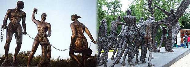  links: slavernijmonument op de Antillen 
 rechts: slavernijmonument in Nederland 