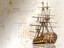 De Delft als bureaublad, genspireerd door het scheepsmodel van G.J. Vooijs, met kalender